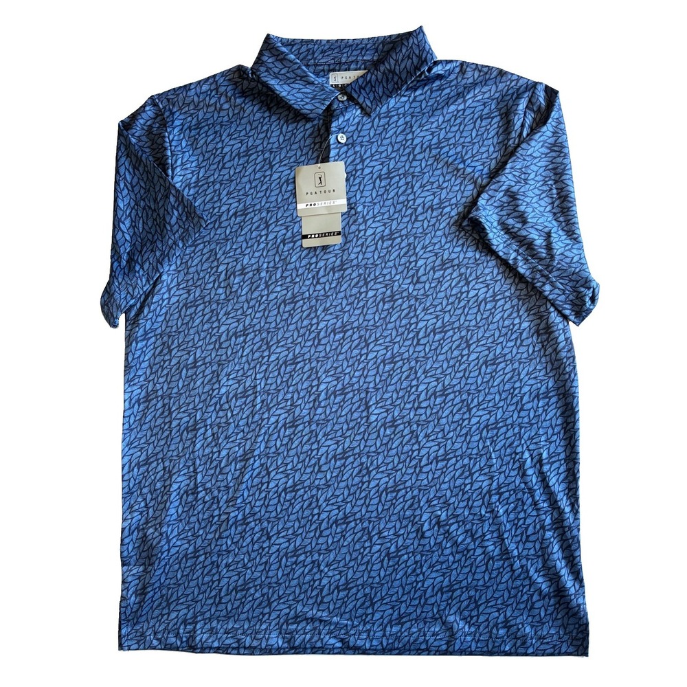 NWT PGA Tour Mens Large Golf Pro Series Blue Pattern Short Sleeve Shirt UPF 15